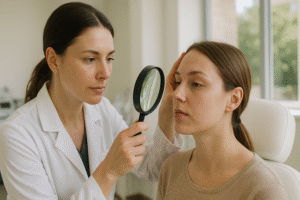 A female dermatologist examining a woman's facial skin with a magnifying glass in a bright, modern clinic.