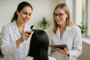 A female dermatologist and a trichologist examining a patient's scalp with a dermatoscope and tablet in a bright clinic.